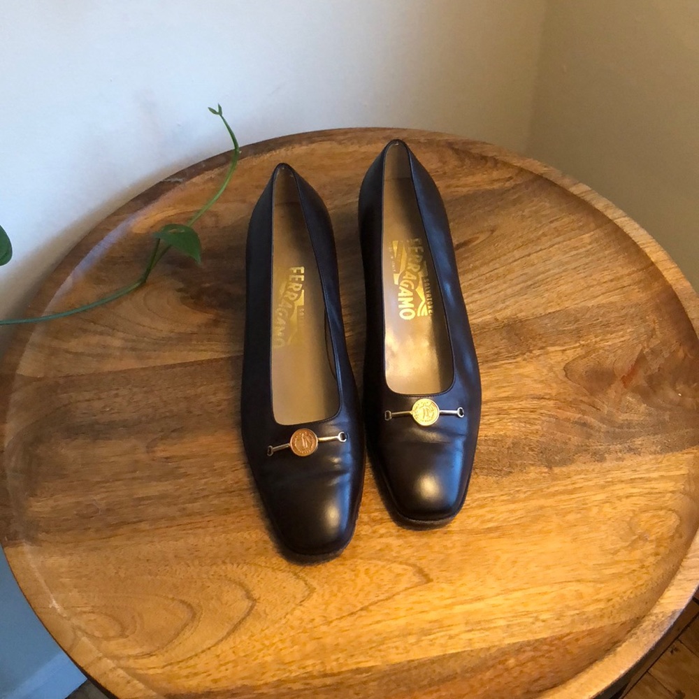 Leather Ferragamo square toe block heels